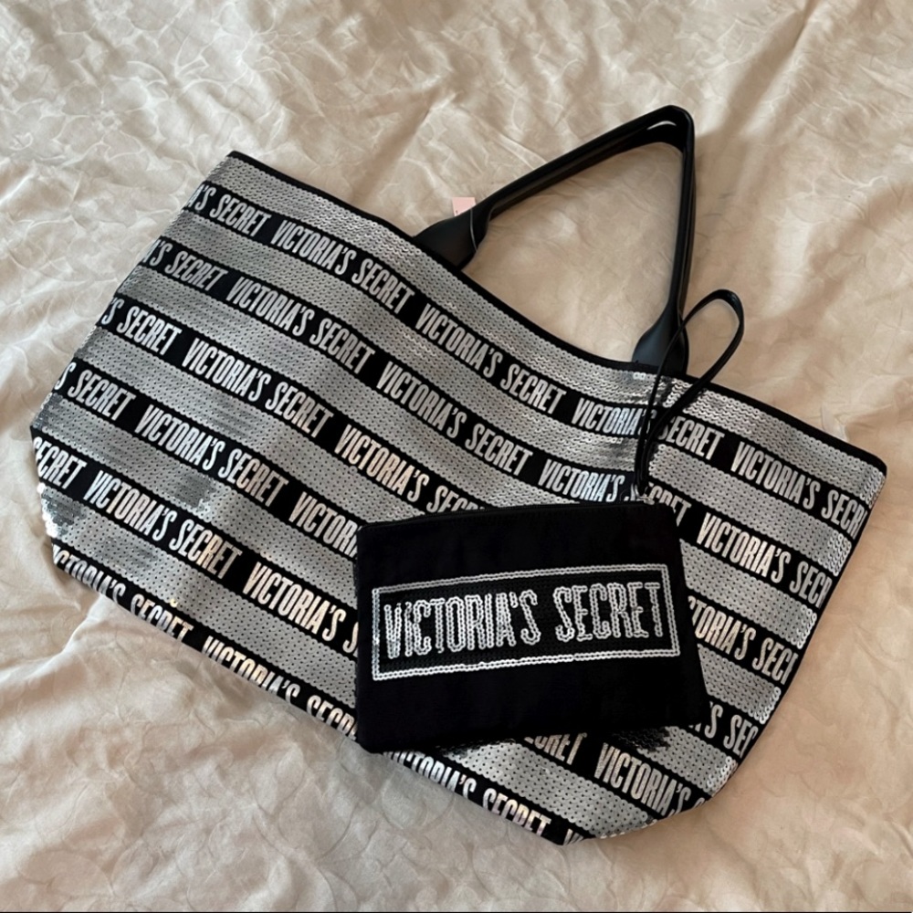 Victoria’s Secret - Silver Sequin Black Tote Bag (2 piece set)